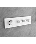 Wall Mounted Waterfall Shower System with Hand Shower control panel in white, featuring knobs for temperature and water flow.