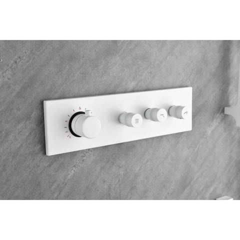 Wall Mounted Waterfall Shower System with Hand Shower control panel in white, featuring knobs for temperature and water flow.