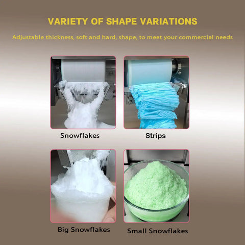 Commercial Snowflake Ice Machine Making Two Seventy Five Pounds Daily Automatic Shaved Ice Maker samples of snowflake and strip ice shapes.
