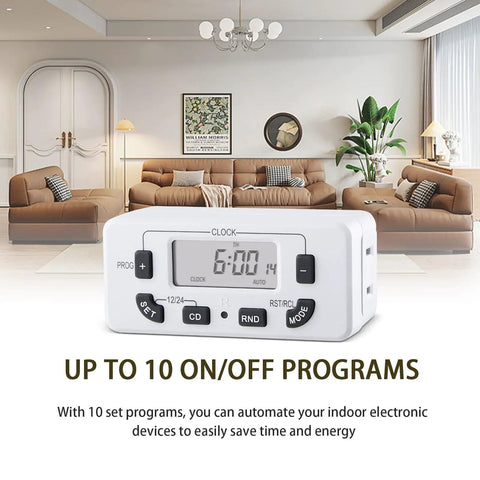 Drop Dead Simple 7 Day Programmable Digital Timer Outlet With 15 Amp Capacity Smooth Operation in a modern living room setting.