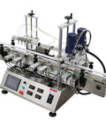 Desktop Four Head Magnetic Pump Filling And Capping Machine For Liquids Five To One Thousand Ml with stainless steel frame and control panel.