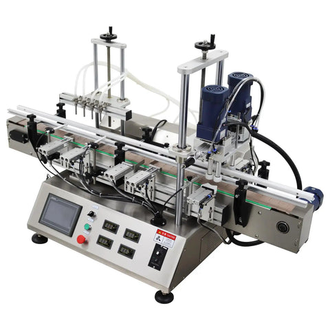 Desktop Four Head Magnetic Pump Filling And Capping Machine For Liquids Five To One Thousand Ml with stainless steel frame and control panel.