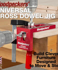 Universal Cross Dowel Jig Deluxe Kit Featuring Seven Heavy Duty Drill Guide Bushings For Bolts And Premium Wood Dowels, red jig on wood.
