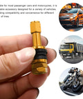 Hand holding Tubeless Metal Clamp In Valve Stems 5 Piece Set For 0.453 Inch Rim Holes Outer Mount Aluminum Alloy Replacement Tire Valves Universal Car Valve Stems Easy Install Gold