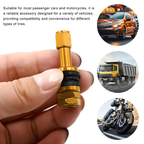 Hand holding Tubeless Metal Clamp In Valve Stems 5 Piece Set For 0.453 Inch Rim Holes Outer Mount Aluminum Alloy Replacement Tire Valves Universal Car Valve Stems Easy Install Gold