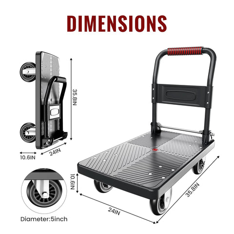 Dimensions of Upgraded Foldable Push Cart Dolly With 780 Lb Capacity And 360 Degree Swivel 5 Inch PU Wheels For Quiet Operation