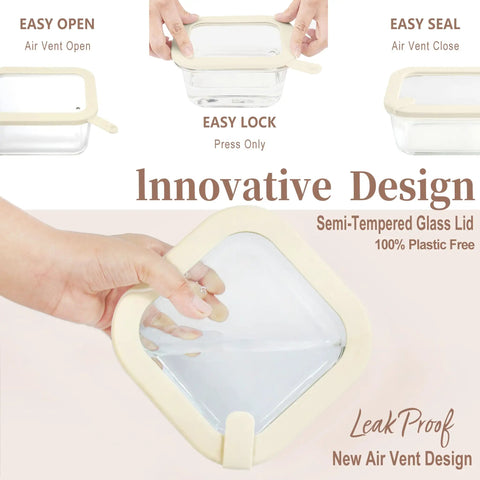 Person demonstrating air vent features of Square Glass Food Storage Containers With Glass Lids For Grab And Go Meals Microwave Safe Borosilicate Glass Leakproof Meal Prep Set BPA Free Removable Colander Silicone Lid 2 Pack