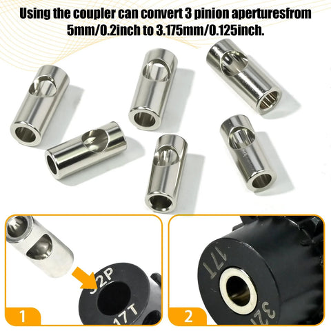 Fraizoe RC stainless steel 6-pack motor pinion adapter sleeves, 3.175mm to 5mm bore for 1/10 scale RC cars