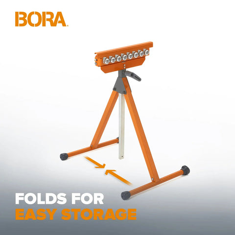Tri Function Pedestal Roller Stand With Adjustable Height 27 To 43.75 Inches, folded for storage, orange design, BORA logo visible
