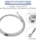 55.12 Inch Stainless Steel Braided Motorcycle Brake Line With 10mm ID 28 Degree Banjo Ends For ATV Motocross And Sport Bikes Hydraulic Brake Hose Silver Tone product image showing coiled line with close-up of banjo ends.