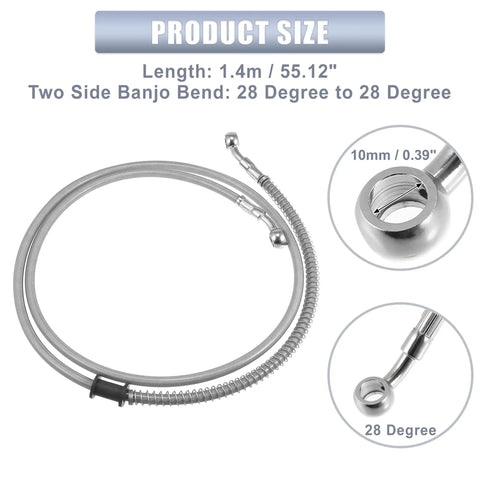 55.12 Inch Stainless Steel Braided Motorcycle Brake Line With 10mm ID 28 Degree Banjo Ends For ATV Motocross And Sport Bikes Hydraulic Brake Hose Silver Tone product image showing coiled line with close-up of banjo ends.