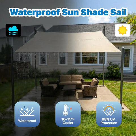 Beige 9.5 Foot Square Waterproof Sun Shade Sail Canopy Awning For Outdoor Patio Backyard Garden Carport UPF50 Plus UV Block 95 Percent Water Resistant With 20 Degree Tilt For Quick Drain installed over patio furniture.