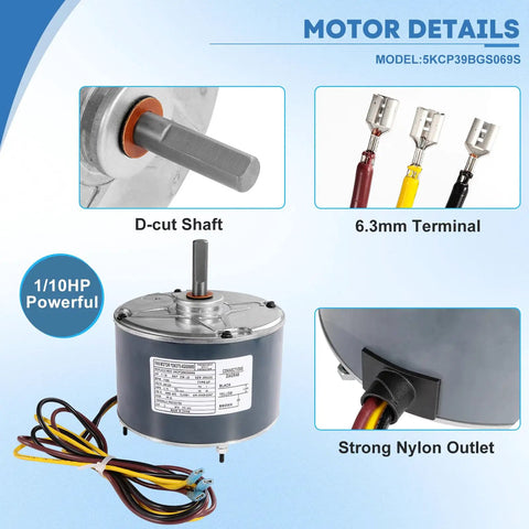 High Efficiency One Tenth Horsepower HVAC Condenser Motor Replacement For AC Units with D-cut Shaft and 6.3mm Terminal