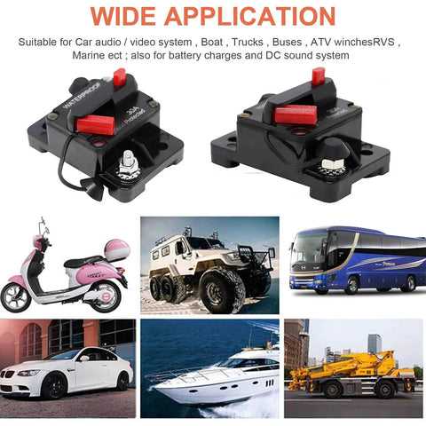 Beefy 50 Amp Marine Circuit Breaker With Manual Reset For Trolling Motors Boats And ATVs Waterproof 12V To 48VDC Power Protector Fuse Ignition Protected SAE J1625 J1171 UL1500, black housing