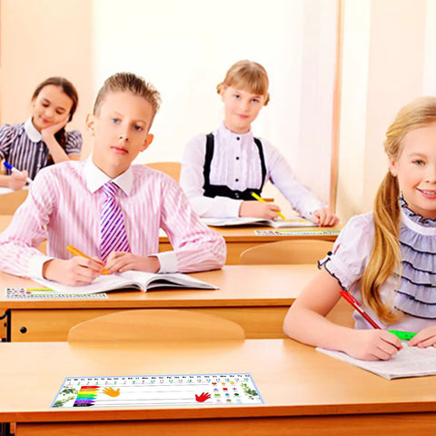 Classroom with students using 40 Pack Self Adhesive Nameplate Pockets for Desks, Clear 18.9 x 4.7 Inch Outer Pocket Size, Thick 7 Mil