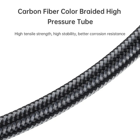 Close-up of heavy duty braided high pressure scuba regulator hose, carbon fiber look, showing strength and stability.