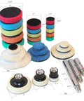 Mini Rotary Car Polisher With Pads And M14 Extension Shafts for Deep Buffing and Scratch Removal, various sizes and colors, shown.