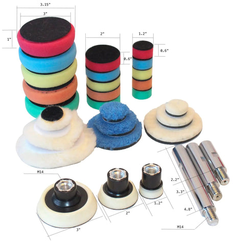 Mini Rotary Car Polisher With Pads And M14 Extension Shafts for Deep Buffing and Scratch Removal, various sizes and colors, shown.