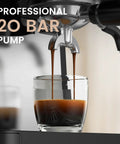 No Sweat Home Espresso Machine With Integrated Grinder And 20 Bar Pressure Pump brewing espresso into a glass