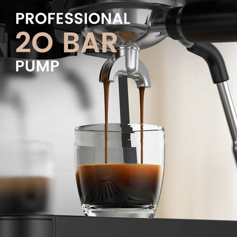 No Sweat Home Espresso Machine With Integrated Grinder And 20 Bar Pressure Pump brewing espresso into a glass