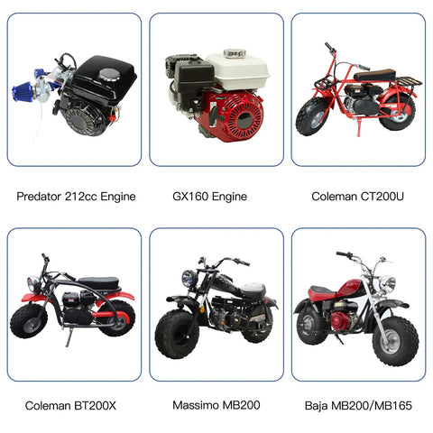 VM22 Carburetor Replacement for Predator 212cc 224cc GX200 Clones and Coleman 200cc Mini Bike Go Kart Engines image with various engines and bikes models including Predator 212cc, GX160, Coleman CT200U, BT200X, Massimo MB200, Baja MB200/MB165.