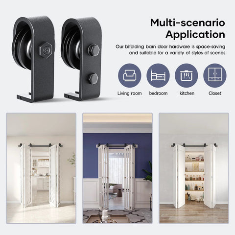 64 Inch Bifold Barn Door Hardware Track Kit For Four 15 Inch Closet Doors Top Mount Sliding System with heavy duty black rollers