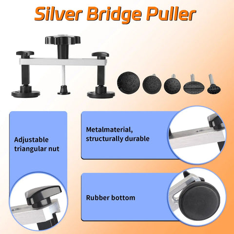 Paintless Dent Repair Kit With LED Line Board And Heat Gun For Glue Removal, T Bar Bridge Puller displayed with PC glue tabs