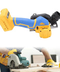 Badass Cordless Cut Off Tool Featuring Heavy Duty Brushless Motor And Hella Fast 19000 Rpm Speed To Rip Through Metal Wood Plastic And Stone With Detachable Dust Shield, shown from side angle.