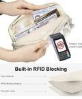 Women's RFID Blocking Crossbody Wristlet Wallet With Four Zippers, showing interior pockets with cards and cash, RFID protection details