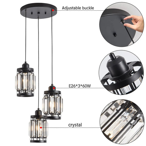 Three Light Farmhouse Pendant Light With Adjustable Ceiling Hanging Fixture And K9 Crystals In Black Finish for kitchen, dining.