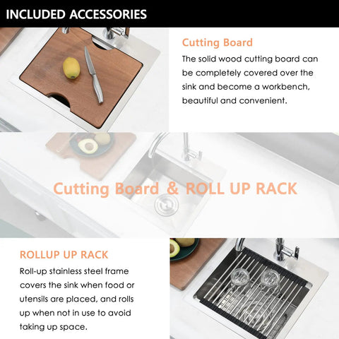 15 Inch Drop In Bar Sink Stainless Steel 16 Gauge Single Bowl Workstation Wet Prep Sink with cutting board and rack