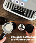Top view of Wooden Espresso Tamper Holder Station With 3 Slots For Tampers And Portafilter on countertop