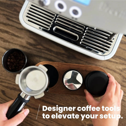 Top view of Wooden Espresso Tamper Holder Station With 3 Slots For Tampers And Portafilter on countertop