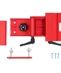 Workhorse Aluminum Alloy Sharpening Jig For Bench Grinders Adjustable Angle Tool Rest With Sturdy Lock Down Clamp Setup Dead Easy Adjustment Smooth Operation 6 And 8 Inch Sanders, red aluminum frame with black knobs and clamps.