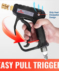 Hand holding Beefed Up Pressure Washer Gun 5000 PSI Stainless Steel Swivel Inlet Plug with easy pull trigger design.