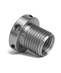 Lathe thread adapter with flange, aluminum, 1in-8TPI female to 1-1/4in-8TPI male, with screw holes.