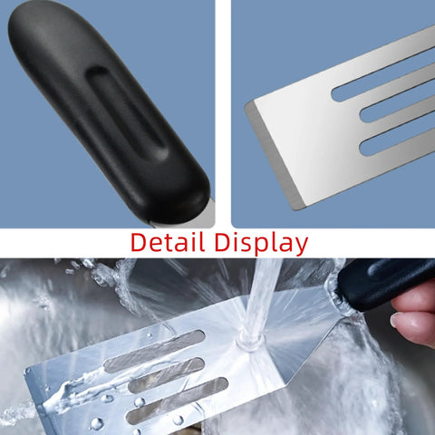 2-Piece mini stainless steel spatula set with black handle; slotted blades for flipping and serving