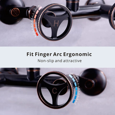 Close-up of ergonomic handles on Brushed Nickel Wall Mount Kitchen Faucet With Pull Down Sprayer 360 Degree Swivel Dual Spray Modes 6 Inch Center Two Handles Workhorse Commercial Utility Sink Faucet High Arc Design Premium Solid Brass Construction