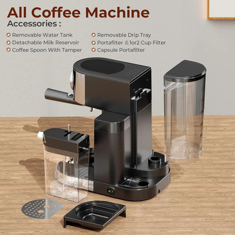 No Fuss Compact Espresso Machine With Real 20 Bar Pressure And Quick Thermo Block Heating Stainless Steel Coffee Maker with detachable accessories.