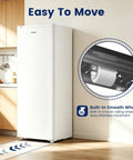 Slick 6.5 Cubic Foot Upright Freezer In Clean White Brings No Sweat Space Saving Vibes Straight To Apartments Dorms And Offices With Plenty Of Vertical Storage That Really Pulls Its Weight Without Hogging Your Entire Floor, featuring smooth rolling wheels for easy movement.