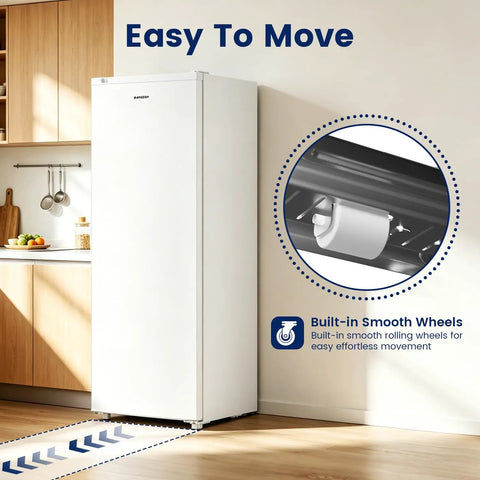 Slick 6.5 Cubic Foot Upright Freezer In Clean White Brings No Sweat Space Saving Vibes Straight To Apartments Dorms And Offices With Plenty Of Vertical Storage That Really Pulls Its Weight Without Hogging Your Entire Floor, featuring smooth rolling wheels for easy movement.