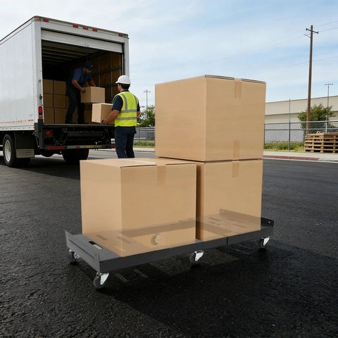 Heavy Duty 2000 Lb Moving Dolly, Adjustable Furniture Transport Cart With Telescoping Base And Sturdy Steel Frame For Boss Moves, loaded with cardboard boxes.