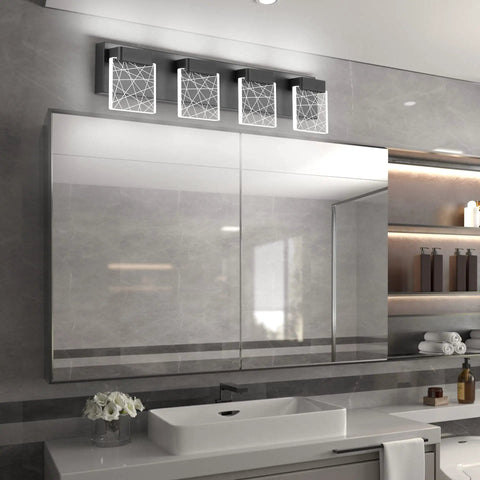 Matte Black Bathroom Light Fixtures Modern Vanity Lighting LED Vanity Light for Bathroom showcasing 4 light design above mirror.