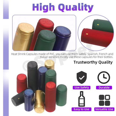 Kickass 130 Piece Wine Bottle Cork And Heat Shrink Cap Kit With Genuine Cork Plugs And Vivid Pvc Foil Covers In Gold Black Red Green Blue For Serious Home Winemaking Projects, assorted PVC shrink capsules.