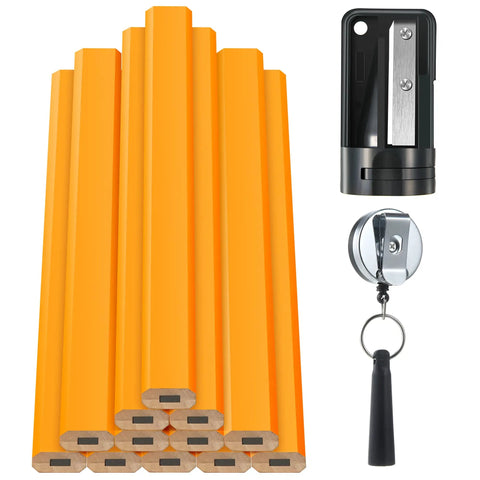 14 Piece Carpenter Pencils Set 7 Inch Flat Octagonal Heavy Duty Woodworking Pencils With Sharpener And Retractable Pen Holder For Contractors And Carpentry Yellow, pencils and holder