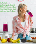 Woman using Two Pack 16oz Single Serve Cups With To Go Lids And Six Fin Blade Assembly Replacement Parts For Ninja Blenders Compatible With BL660 BL780 1200W Series And 30 Series Models Built For Quick Smoothies On The Fly.