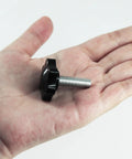 Heavy Duty M8 Star Knobs 4 Pack Solid Steel Core Handles For Patio Umbrella Base showing one knob in hand with steel bolt.