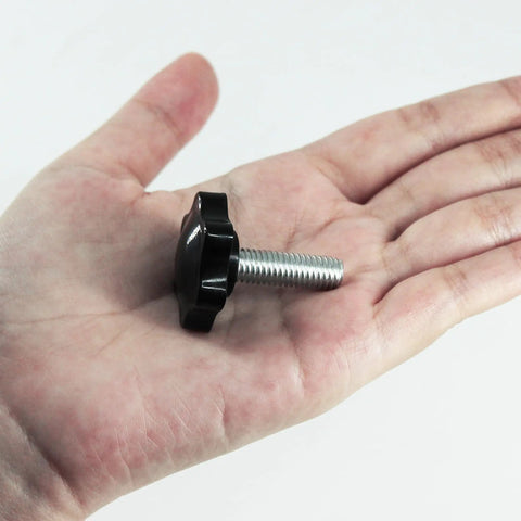 Heavy Duty M8 Star Knobs 4 Pack Solid Steel Core Handles For Patio Umbrella Base showing one knob in hand with steel bolt.