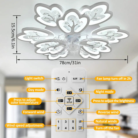 Petal Chandelier 31 Inch Ceiling Fan With Lights Remote Control, dimmable and reversible with remote features displayed.