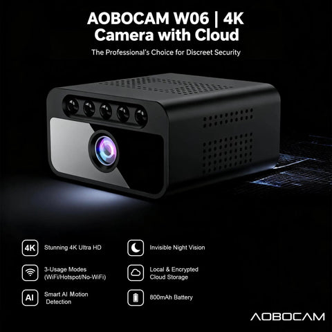 4K Hidden Indoor WiFi Mini Spy Camera With Cloud Storage and AI Motion Detection shown at angle with night vision lens